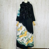 作家物＊群鶴に荒波模様正絹黒留袖ワンピースＬ～ＬＬ＆ギャザーストール