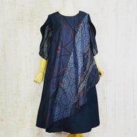 正絹大島紬＆男物紬で覆い布付き花びら袖ワンピースＬ～ＬＬ