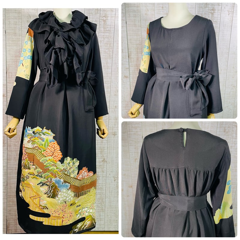 着物リメイク＊城・庭園風景刺繍正絹黒留袖ワンピースM～L＆ギャザー