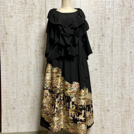 オーダー＊作家物豪華刺繍正絹黒留袖ラグラン袖ブラウス＆ギャザースカートＬＬ～３Ｌ＆ギャザーストール