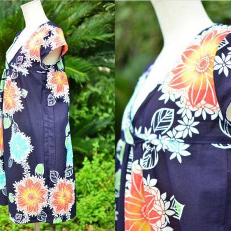 浴衣リメイク＊花柄浴衣でカシュクールフレンチ袖ワンピースＭ～Ｌ