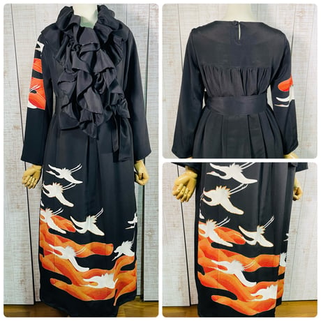 作家物＊夕焼けに群鶴刺繍正絹黒留袖ワンピースＭ～Ｌ＆ギャザーストール