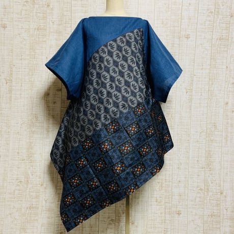 ムラ染織＆正絹２種類大島紬で裾変形チュニックＭ～Ｌ＊重ね着コーデ