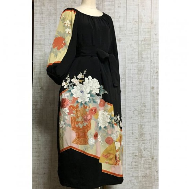 正絹豪華刺繍黒留袖裏地付ラグラン袖ワンピースL～LL＆ギャザー  