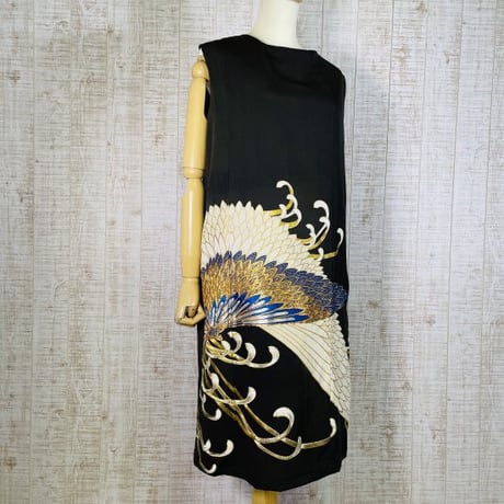 持ち込みオーダー＊おおきな菊模様刺繍正絹縮緬黒留袖ボトルネック裏地付きワンピースＬ