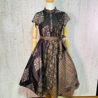 希少＊茶系龍郷など正絹大島紬スタンドカラーフレンチ袖テントライン＆美ラインワンピースＭ〜Ｌ