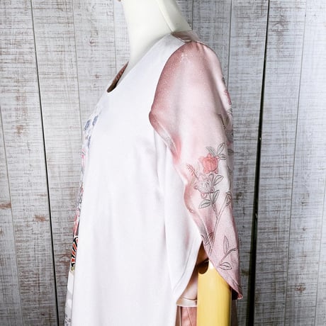 持ち込み＊正絹綸子訪問着＆色留袖で花びら袖♪覆い布付き裏地付きワンピースＭ～Ｌ