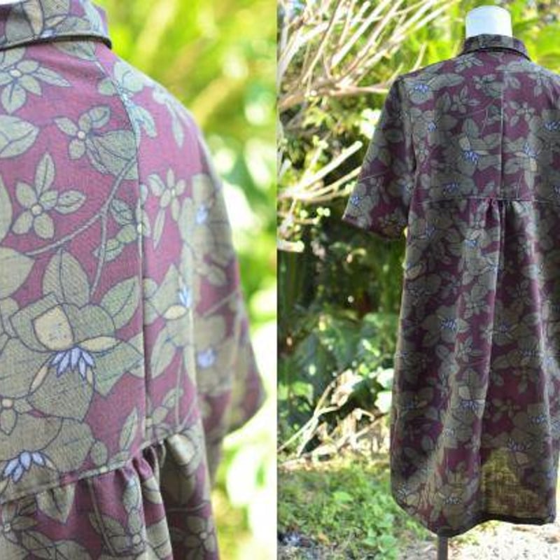 花柄紬でショールカラーギャザーワンピースL～LL | うさくんの着物