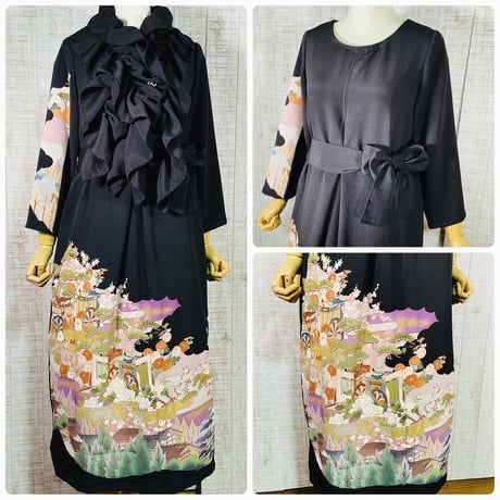 作家物＊松竹梅菊花いっぱい＆御所車柄正絹縮緬黒留袖ワンピースＬ～ＬＬ＆ギャザーストール