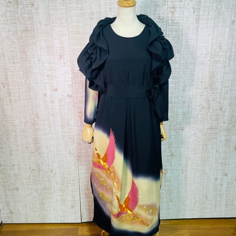 金彩鶴模様刺繍正絹黒留袖ワンピースＬ～ＬＬ＆ギャザーストール