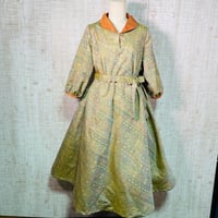 ＊持ち込みオーダー＊幾何学色大島紬で立ち襟ふんわり袖テントラインワンピースＬ〜ＬＬ