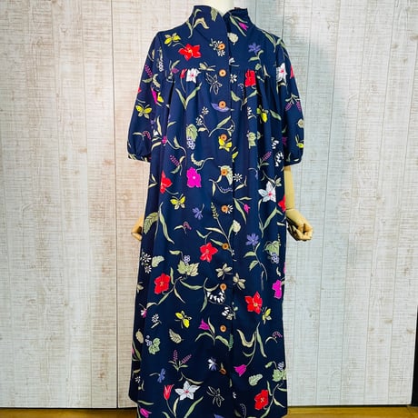 着物リメイク 小紋 ギャザー ワンピース オレンジ黒系 花々柄 L