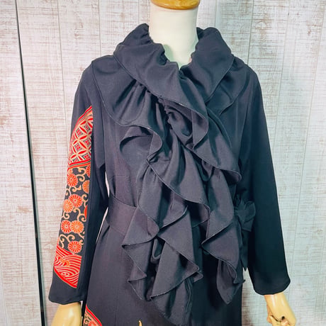 鶴亀甲菊刺繍正絹黒留袖ワンピースＬ～ＬＬ＆ギャザーストール