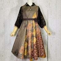 茶系華紋織り出し柄大島紬立ち襟＊ふんわり袖テントライン・美ラインワンピースＭ～Ｌ
