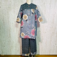 持ち込み＊反物オーダー＊幾何学＆向日葵柄浴衣地前開きヨークカラーオーバーブラウスとズボンＭ～Ｌ