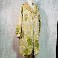 新作＊壺柄色大島紬＆ファー立ち襟裏地付きロングコートＬ～ＬＬ
