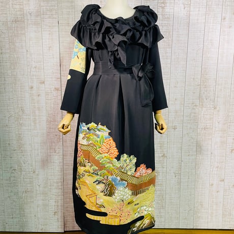 着物リメイク＊城・庭園風景刺繍正絹黒留袖ワンピースＭ～Ｌ＆ギャザーストール