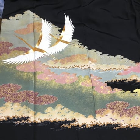 Ｊ様オーダー＊作家物＊金彩・雲取に抽象松・朱鷺模様刺繍正絹黒留袖ワンピースＭ～Ｌ＆ギャザーストール