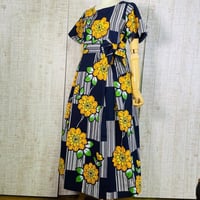 オーダー＊大きな花＆格子柄浴衣マキシ丈フレアー袖ワンピースＭ～Ｌ