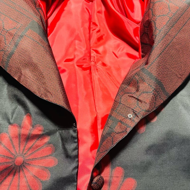 菊＆亀甲模様2種類の正絹大島紬豪華BIGショールカラー裏地付きコートM