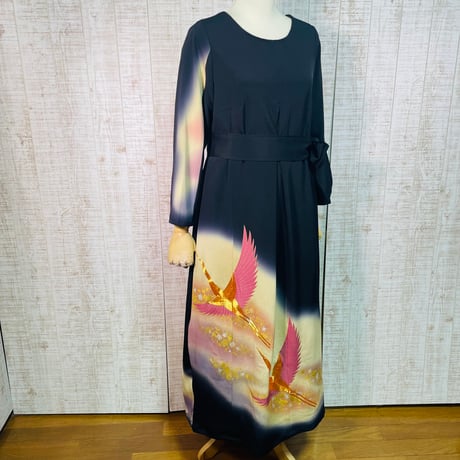 金彩鶴模様刺繍正絹黒留袖ワンピースＬ～ＬＬ＆ギャザーストール
