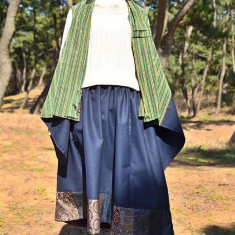 大島紬パッチワークスカート３Ｌ～４Ｌ＆縞紬と弘美織ジレ