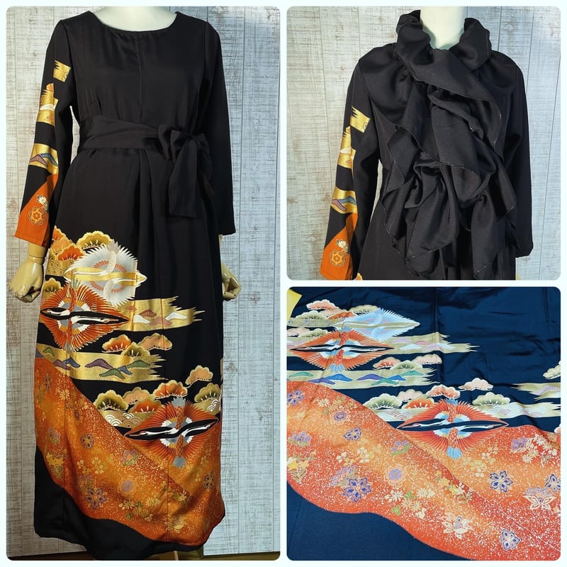 鶴・松刺繍&箔置き正絹金彩黒留袖ワンピースM~L&ギャザー 鶴・松刺繍&箔置き正絹金彩黒留袖ワンピースM~L&ギャザー