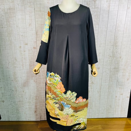 着物リメイク＊城・庭園風景刺繍正絹黒留袖ワンピースＭ～Ｌ＆ギャザーストール