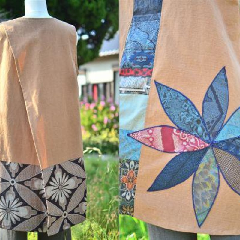 柿渋染め浴衣ティアードパンツパッチワークデザイン③