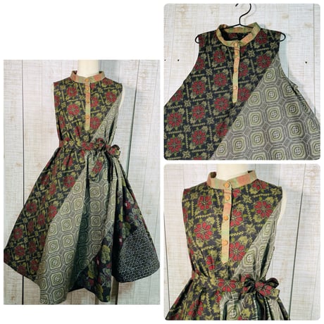 着物リメーク、ワンピース&ストール&ターバン 着物リメイク＊手描き金彩花扇に鶴模様正絹錦紗黒留袖ワンピース