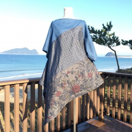 ムラ染織＆２種類の大島紬で裾変形チュニック＊フリーサイズ