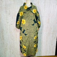 反物オーダー＊ボタニカル調葉っぱ＆花柄浴衣反物２way襟＆ボリューム袖ロングワンピースＭ～Ｌ