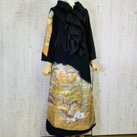 作家物＊箔置き時代風景に牡丹模様正絹黒留袖裏地付きワンピースＭ＆ギャザーストール