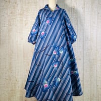 持ち込みオーダー＊花柄＆縞模様浴衣反物で立ち襟ふんわり袖テントラインワンピースＭ〜Ｌ