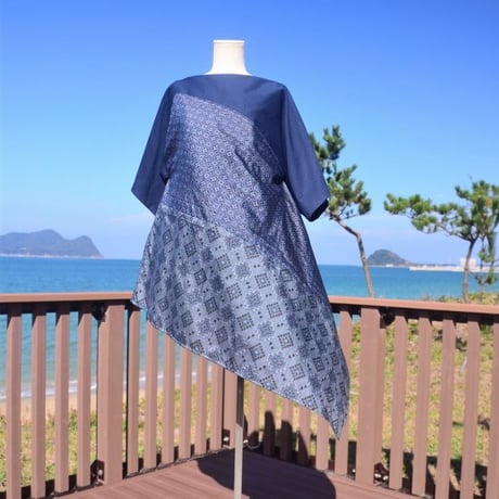 先染め膨れ織＆大島紬で裾変形チュニック