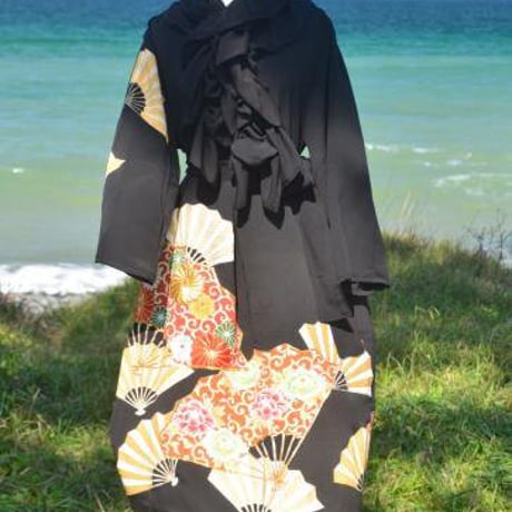 黒留袖豪華扇刺繍丸衿ワンピＭ～Ｌ＆ストール＆ベルト