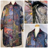 大島紬継ぎ接ぎパッチワーク＊ブロッキング裏キルトロングコートＬ～ＬＬ＊着物リメイク＊