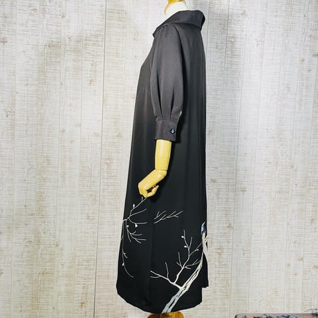 持ち込みオーダー＊正絹刺繍黒留袖ロールカラー七分袖総裏付きワンピースＭ～Ｌ