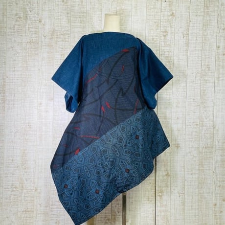 ムラ染織＆正絹２種類大島紬で裾変形チュニックＭ～Ｌ＊重ね着コーデ