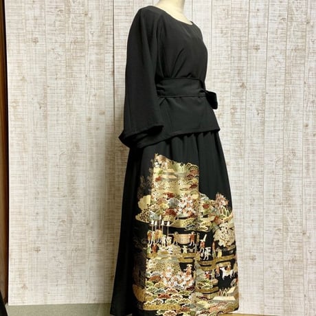 オーダー＊作家物豪華刺繍正絹黒留袖ラグラン袖ブラウス＆ギャザースカートＬＬ～３Ｌ＆ギャザーストール
