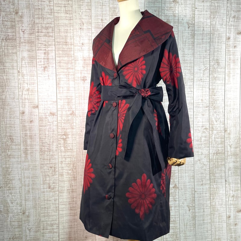 菊＆亀甲模様2種類の正絹大島紬豪華BIGショールカラー裏地付きコートM