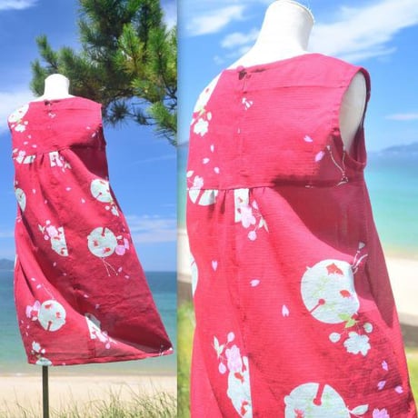 金魚＆花柄浴衣で丸衿ワンピＬ