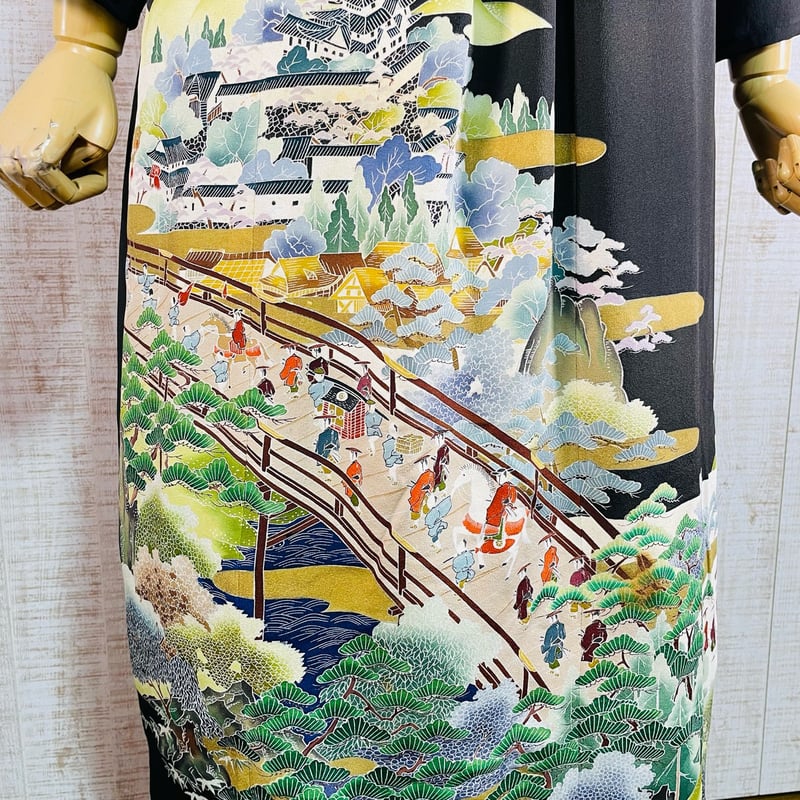 大名行列に城・松模様正絹黒留袖ワンピースM～L＆ギャザーストール