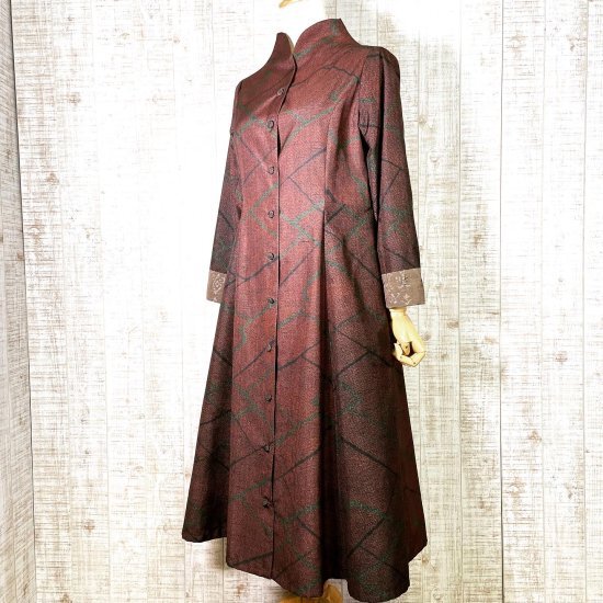 結城紬＆お召で前開き立ち襟プリンセスラインフレアーワンピースM～L  