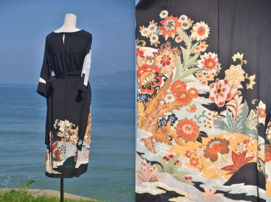 正絹黒留袖ワンピースM～L＆ストール＆ベルト | うさくんの着物  