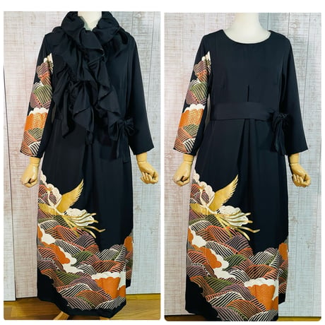 作家物＊鳳凰＆波模様刺繍正絹黒留袖ワンピースＬ～ＬＬ＆ギャザーストール