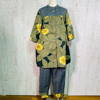 持ち込み＊反物オーダー＊２種類の浴衣前開きヨークカラーパフ袖オーバーブラウスとズボンＭ～Ｌ