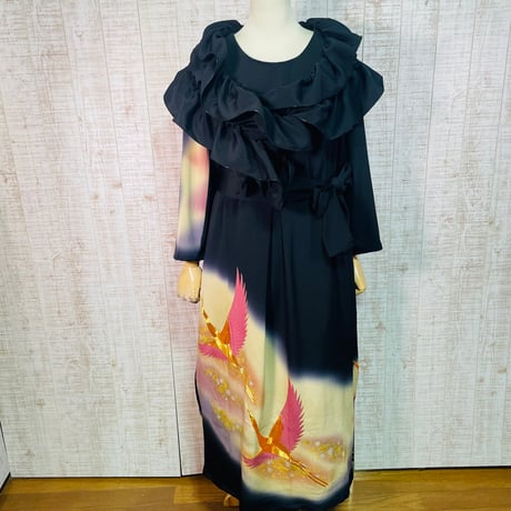 金彩鶴模様刺繍正絹黒留袖ワンピースＬ～ＬＬ＆ギャザーストール