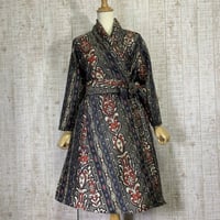 正絹村山銘仙or大島紬幾何学模様フレアードレスコートorコーディガンＬ～ＬＬ
