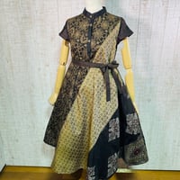 希少＊茶系龍郷など正絹大島紬スタンドカラーフレンチ袖テントライン＆美ラインワンピースＭ〜Ｌ